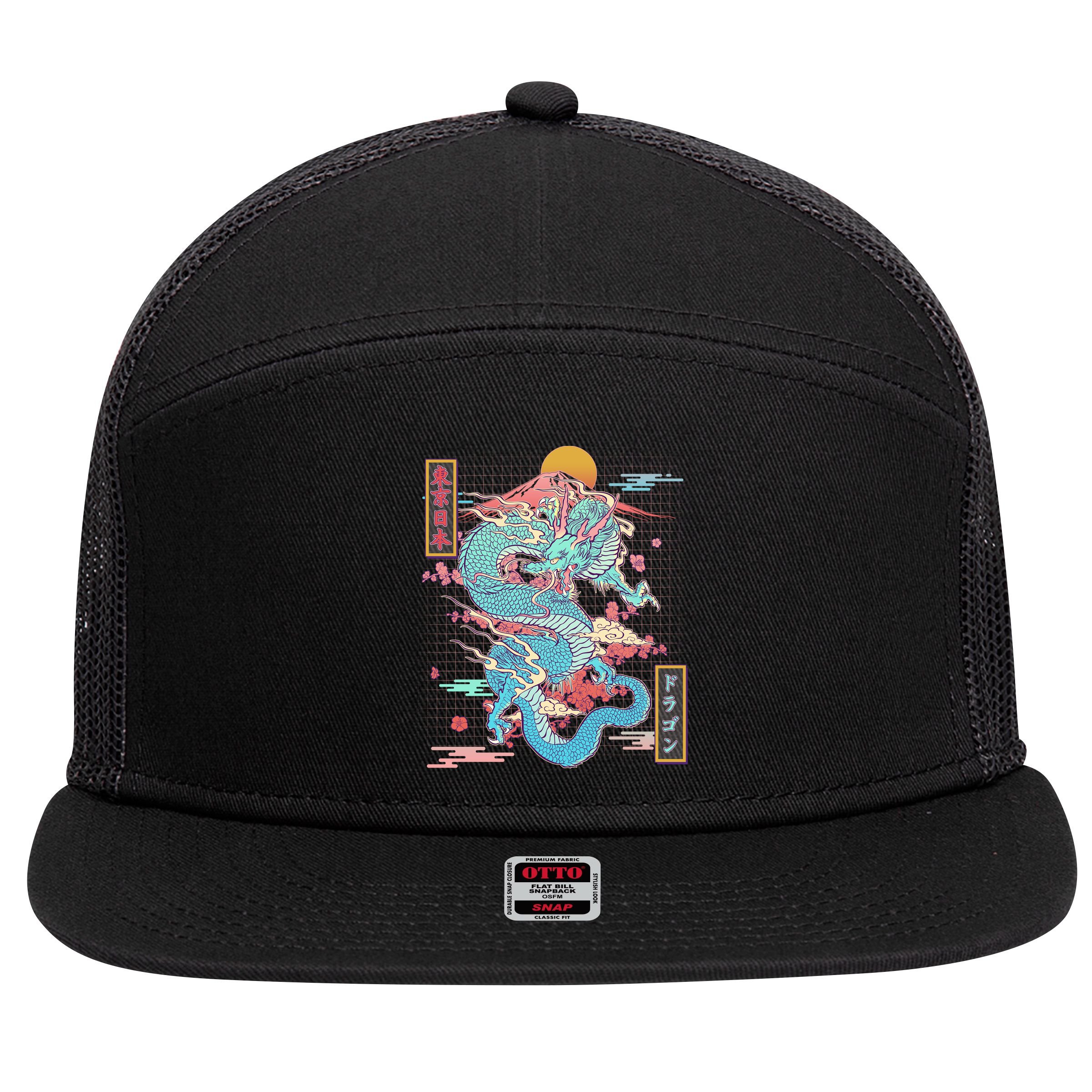 Retro Japanese Dragon Tokyo Japan 7 Panel Mesh Trucker Snapback Hat