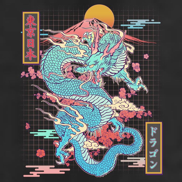 Retro Japanese Dragon Tokyo Japan 7 Panel Mesh Trucker Snapback Hat