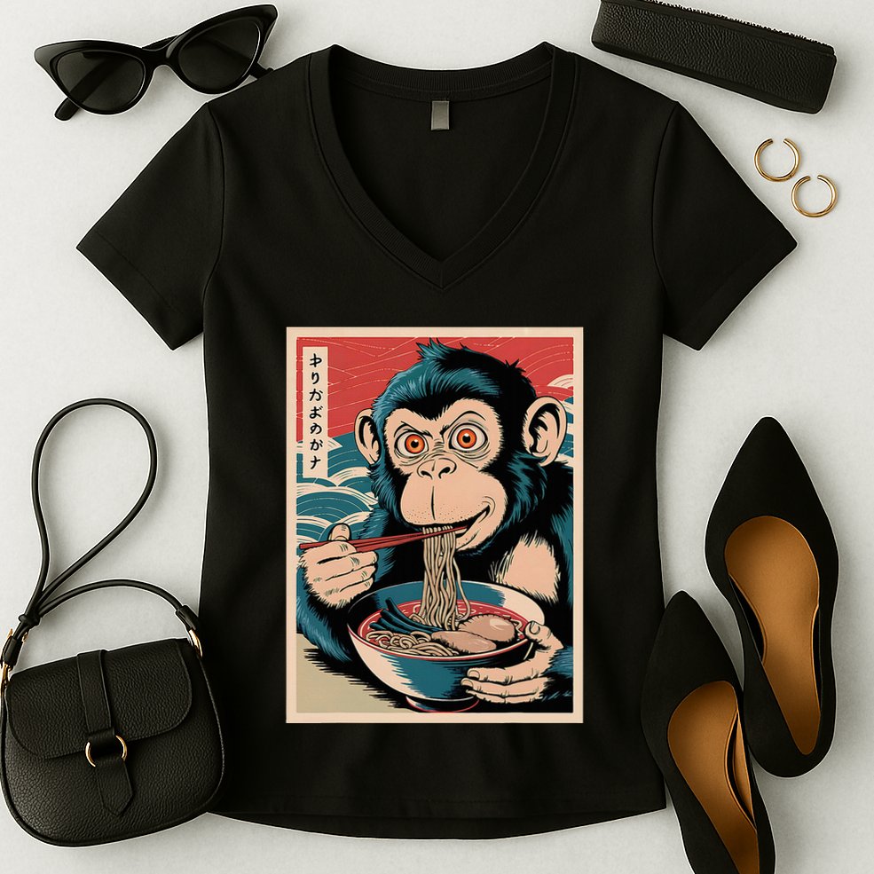 Ramen Japanese Funny Kawaii Monkey Graphic Gifts Anime Women's V-Neck T-Shirt