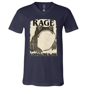 Retro Japanese Frog Funny Meme Quote Rage Consumes Me V-Neck T-Shirt