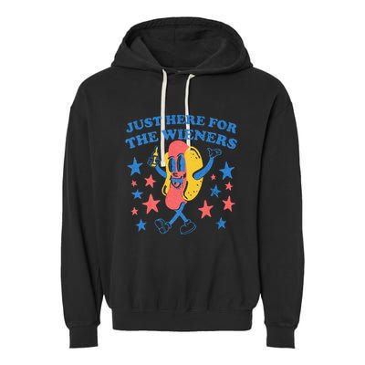 Retro Just Here For The Wieners 4th Of July Funny Hot Dog Garment-Dyed Fleece Hoodie