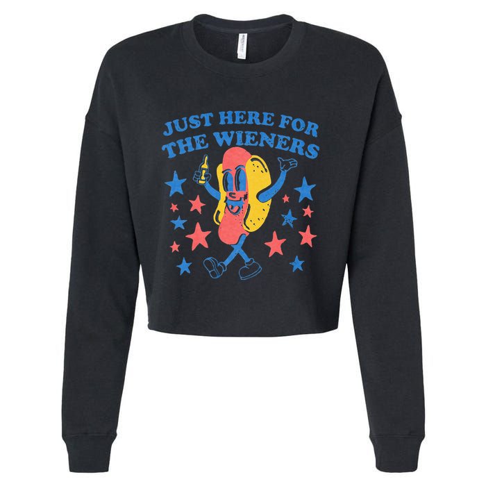 Retro Just Here For The Wieners 4th Of July Funny Hot Dog Cropped Pullover Crew