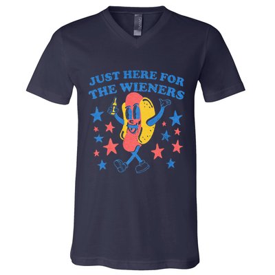 Retro Just Here For The Wieners 4th Of July Funny Hot Dog V-Neck T-Shirt