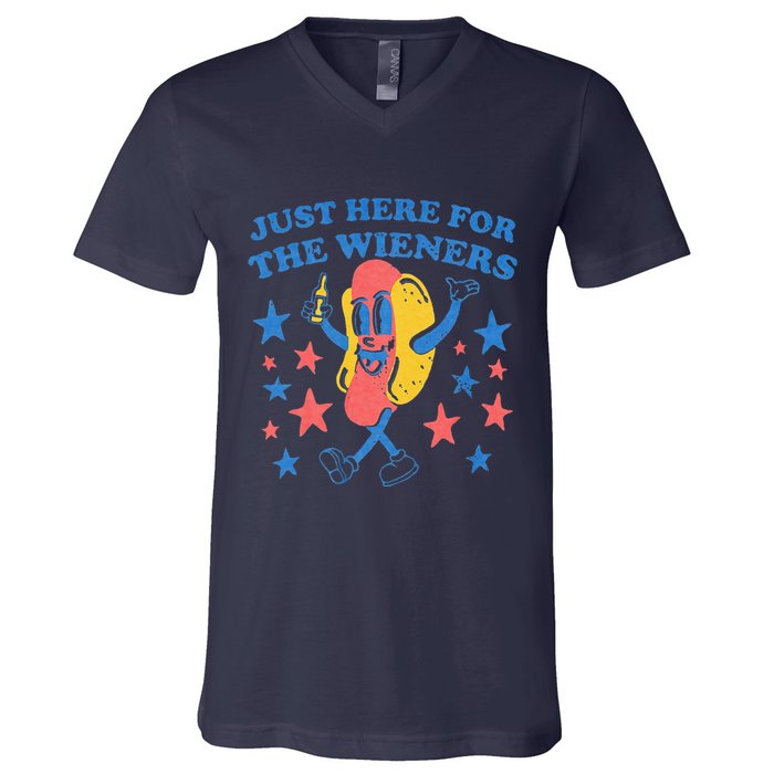 Retro Just Here For The Wieners 4th Of July Funny Hot Dog V-Neck T-Shirt