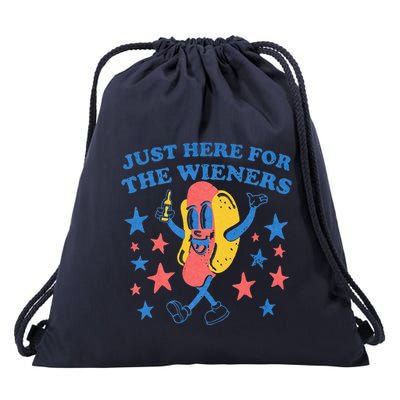 Retro Just Here For The Wieners 4th Of July Funny Hot Dog Drawstring Bag