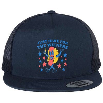 Retro Just Here For The Wieners 4th Of July Funny Hot Dog Flat Bill Trucker Hat