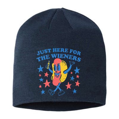 Retro Just Here For The Wieners 4th Of July Funny Hot Dog Sustainable Beanie