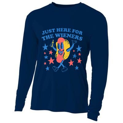 Retro Just Here For The Wieners 4th Of July Funny Hot Dog Cooling Performance Long Sleeve Crew