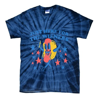 Retro Just Here For The Wieners 4th Of July Funny Hot Dog Tie-Dye T-Shirt
