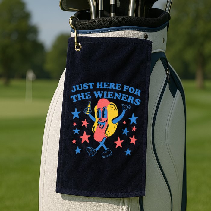 Retro Just Here For The Wieners 4th Of July Funny Hot Dog Golf Towel