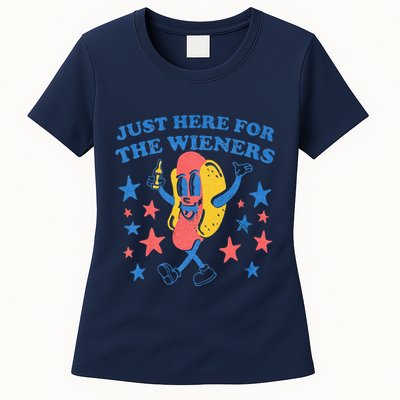 Retro Just Here For The Wieners 4th Of July Funny Hot Dog Womens T-Shirt