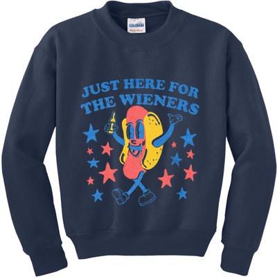 Retro Just Here For The Wieners 4th Of July Funny Hot Dog Kids Sweatshirt