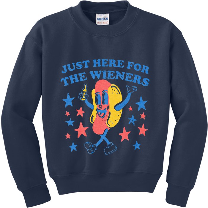 Retro Just Here For The Wieners 4th Of July Funny Hot Dog Kids Sweatshirt