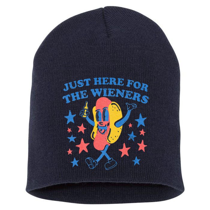 Retro Just Here For The Wieners 4th Of July Funny Hot Dog Short Acrylic Beanie