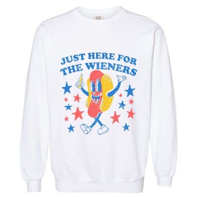 Retro Just Here For The Wieners 4th Of July Funny Hot Dog Garment-Dyed Sweatshirt