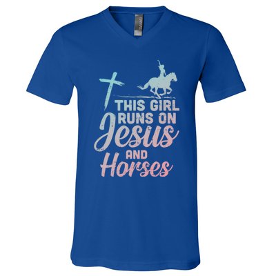 Runs Jesus Horses Christian Horseback Equestrian Gift V-Neck T-Shirt