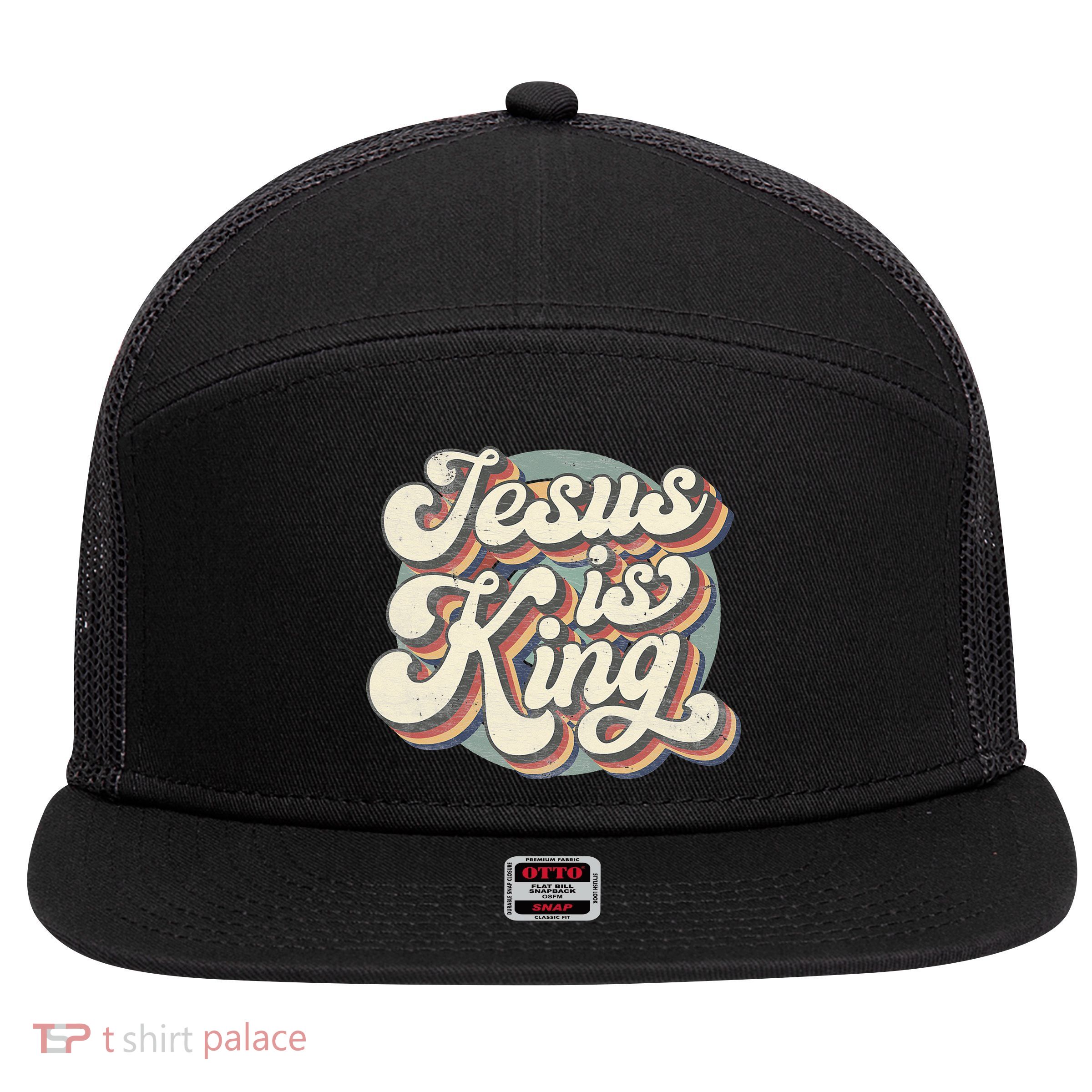 Retro Jesus Is King Christian Bible Religious 7 Panel Mesh Trucker Snapback Hat