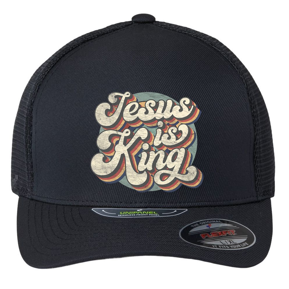 Retro Jesus Is King Christian Bible Religious Flexfit Unipanel Trucker Cap