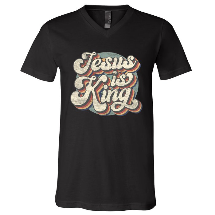 Retro Jesus Is King Christian Bible Religious V-Neck T-Shirt