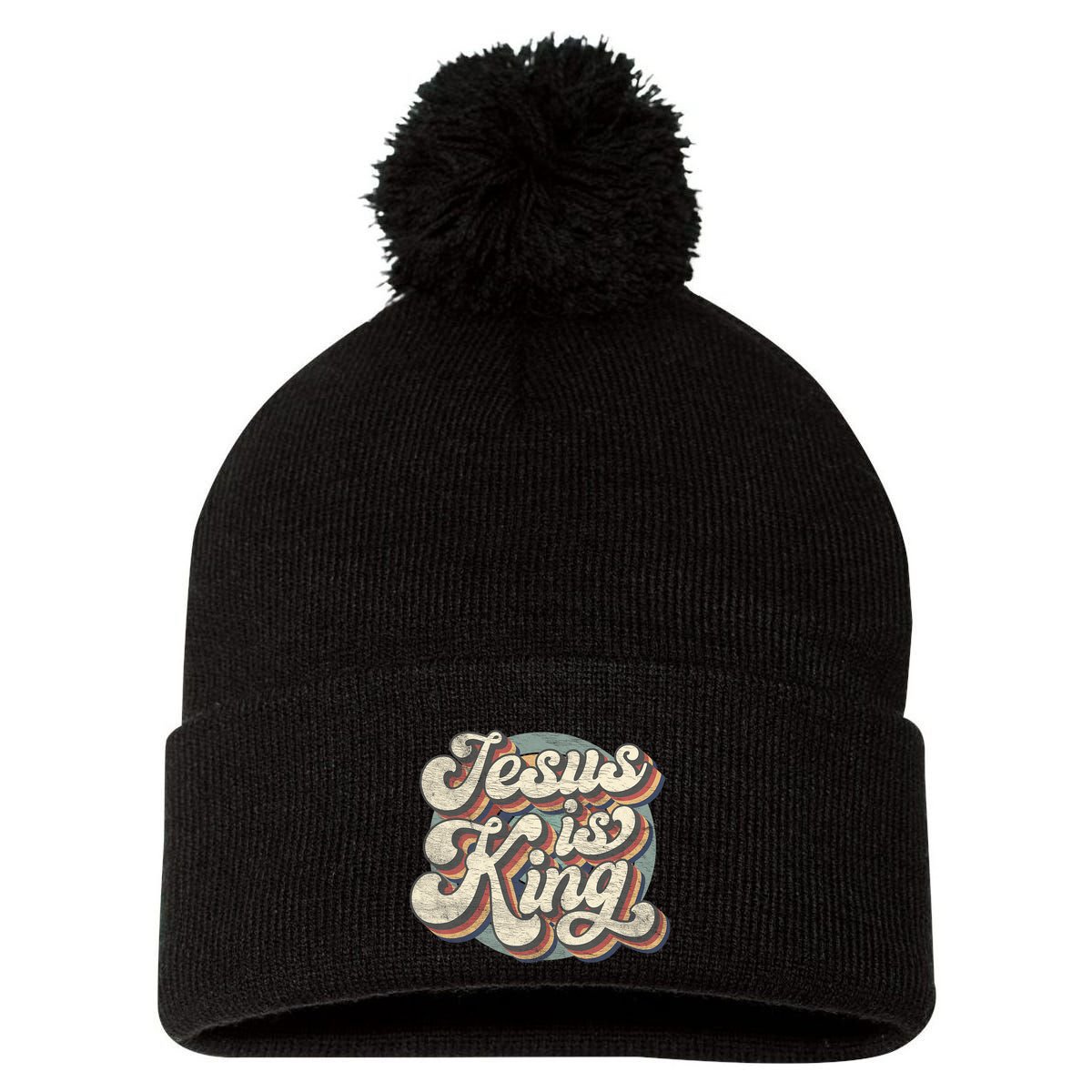 Retro Jesus Is King Christian Bible Religious Pom Pom 12in Knit Beanie