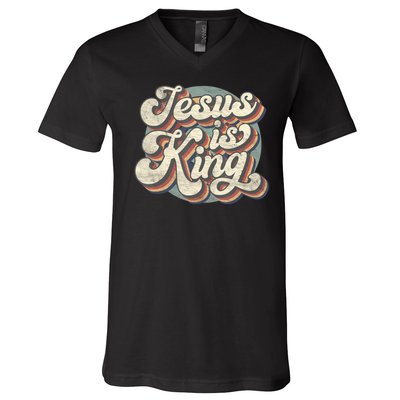 Retro Jesus Is King Christian Bible Religious Womens V-Neck T-Shirt