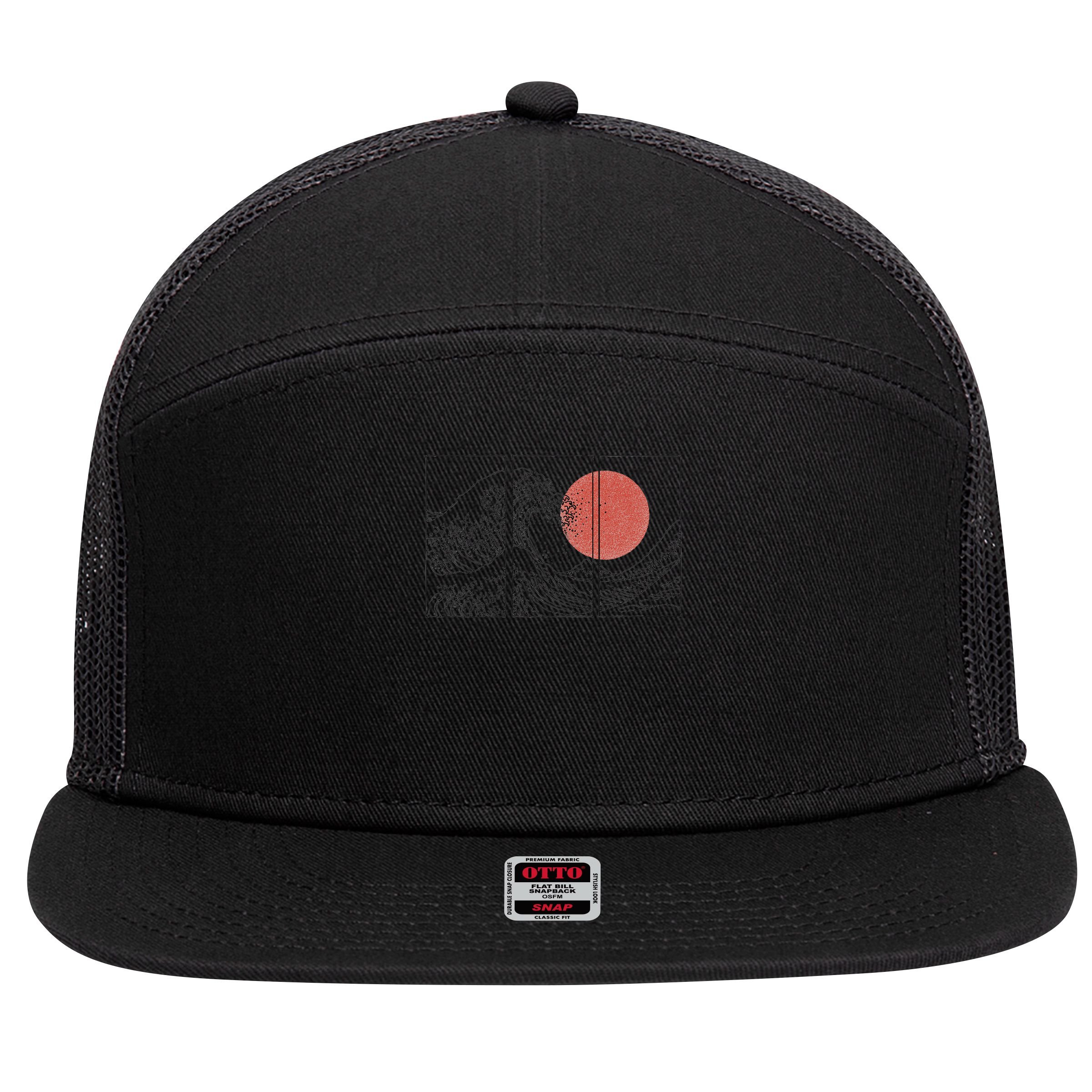 Retro Japanese Japan Flag Great Wave Outline Graphic 7 Panel Mesh Trucker Snapback Hat