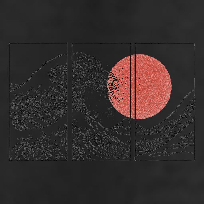 Retro Japanese Japan Flag Great Wave Outline Graphic 7 Panel Mesh Trucker Snapback Hat