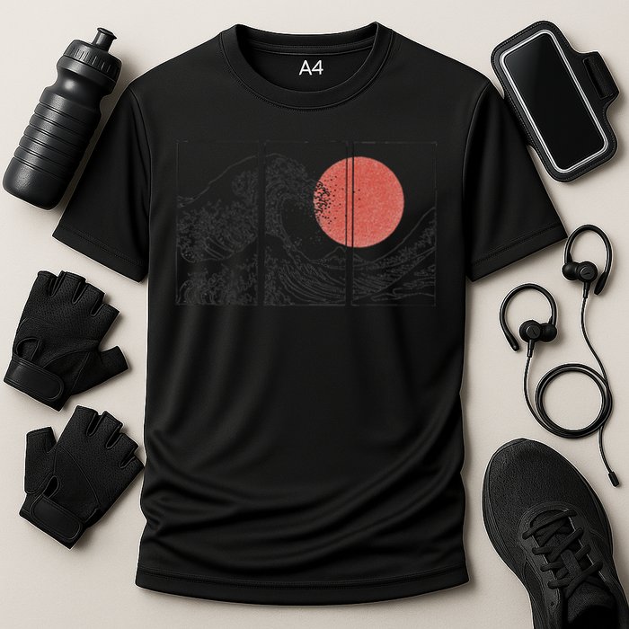 Retro Japanese Japan Flag Great Wave Outline Graphic Cooling Performance Crew T-Shirt