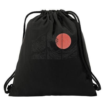 Retro Japanese Japan Flag Great Wave Outline Graphic Drawstring Bag