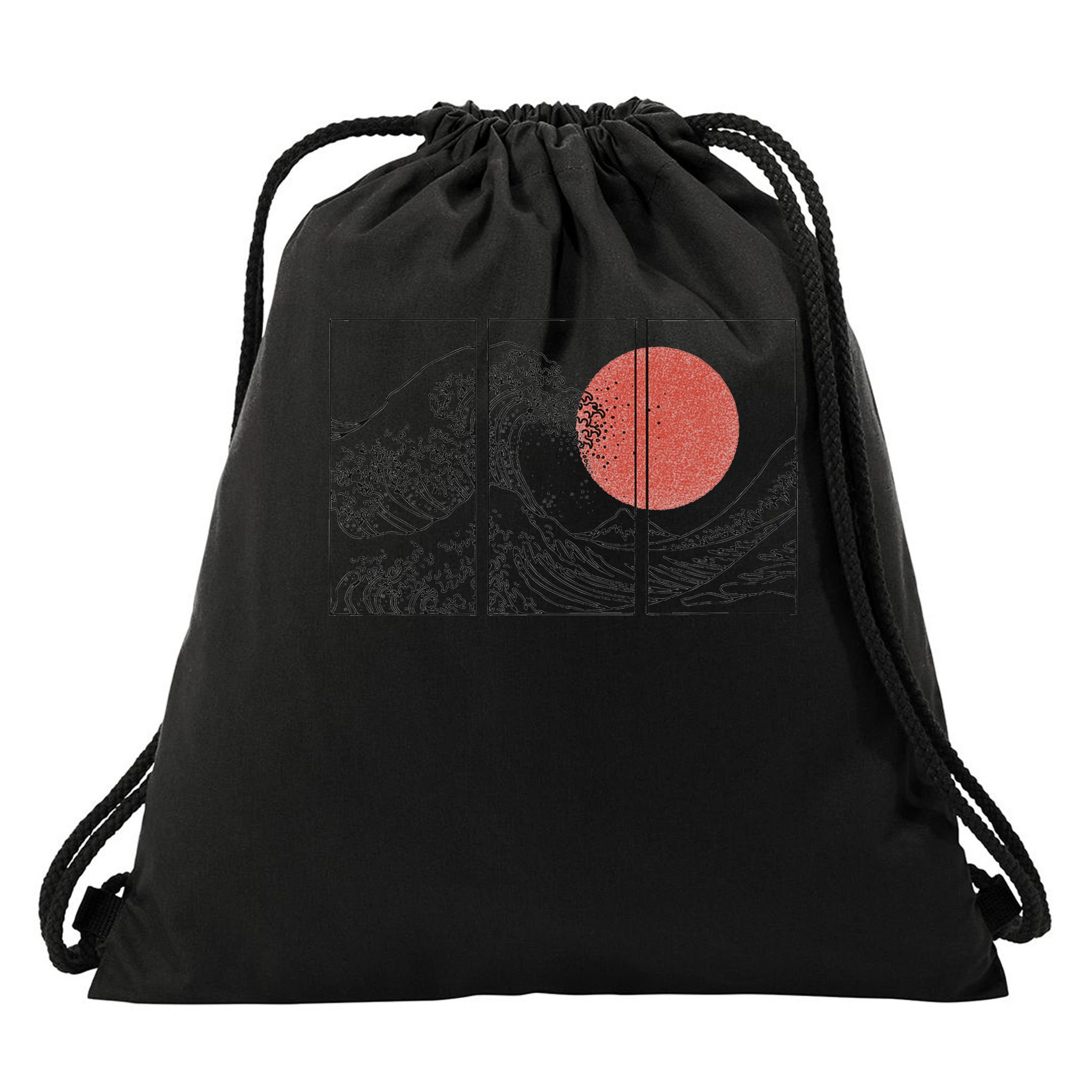 Retro Japanese Japan Flag Great Wave Outline Graphic Drawstring Bag