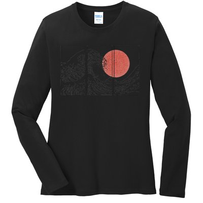 Retro Japanese Japan Flag Great Wave Outline Graphic Ladies Long Sleeve Shirt