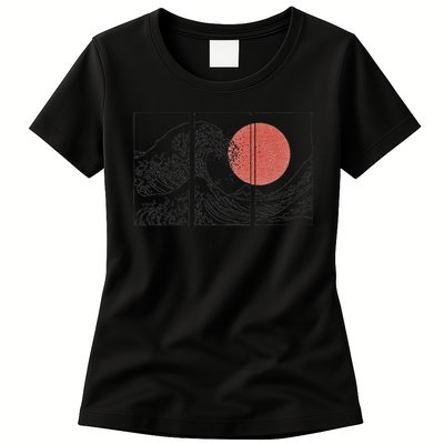 Retro Japanese Japan Flag Great Wave Outline Graphic Womens T-Shirt