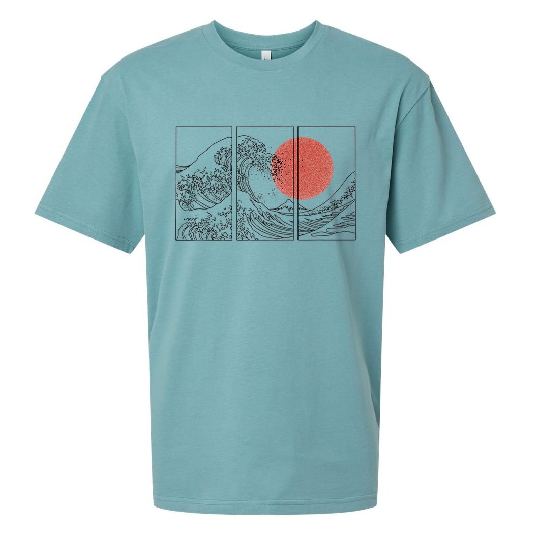 Retro Japanese Japan Flag Great Wave Outline Graphic Sueded Cloud Jersey T-Shirt