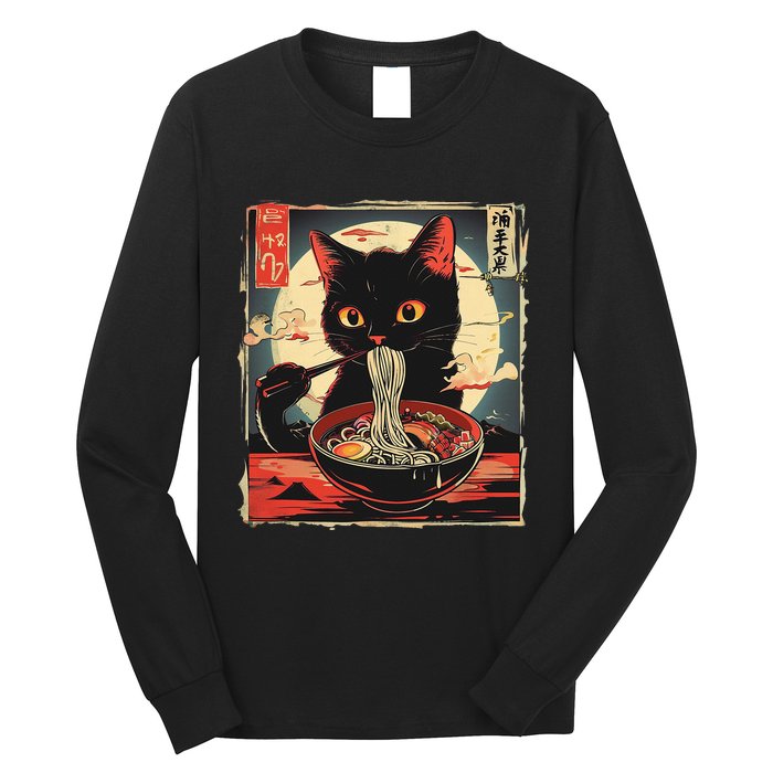 Retro Japanese Kawaii Cute Cat Eating Ramen Poster Long Sleeve Shirt