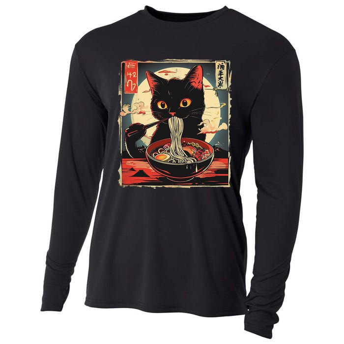 Retro Japanese Kawaii Cute Cat Eating Ramen Poster Cooling Performance Long Sleeve Crew