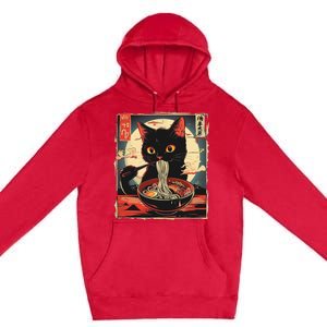 Retro Japanese Kawaii Cute Cat Eating Ramen Poster Premium Pullover Hoodie