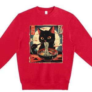 Retro Japanese Kawaii Cute Cat Eating Ramen Poster Premium Crewneck Sweatshirt