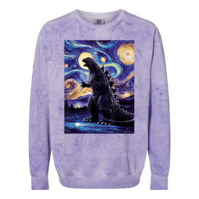 Retro Japanese Kaiju Monster Starry Night Parody Colorblast Crewneck Sweatshirt