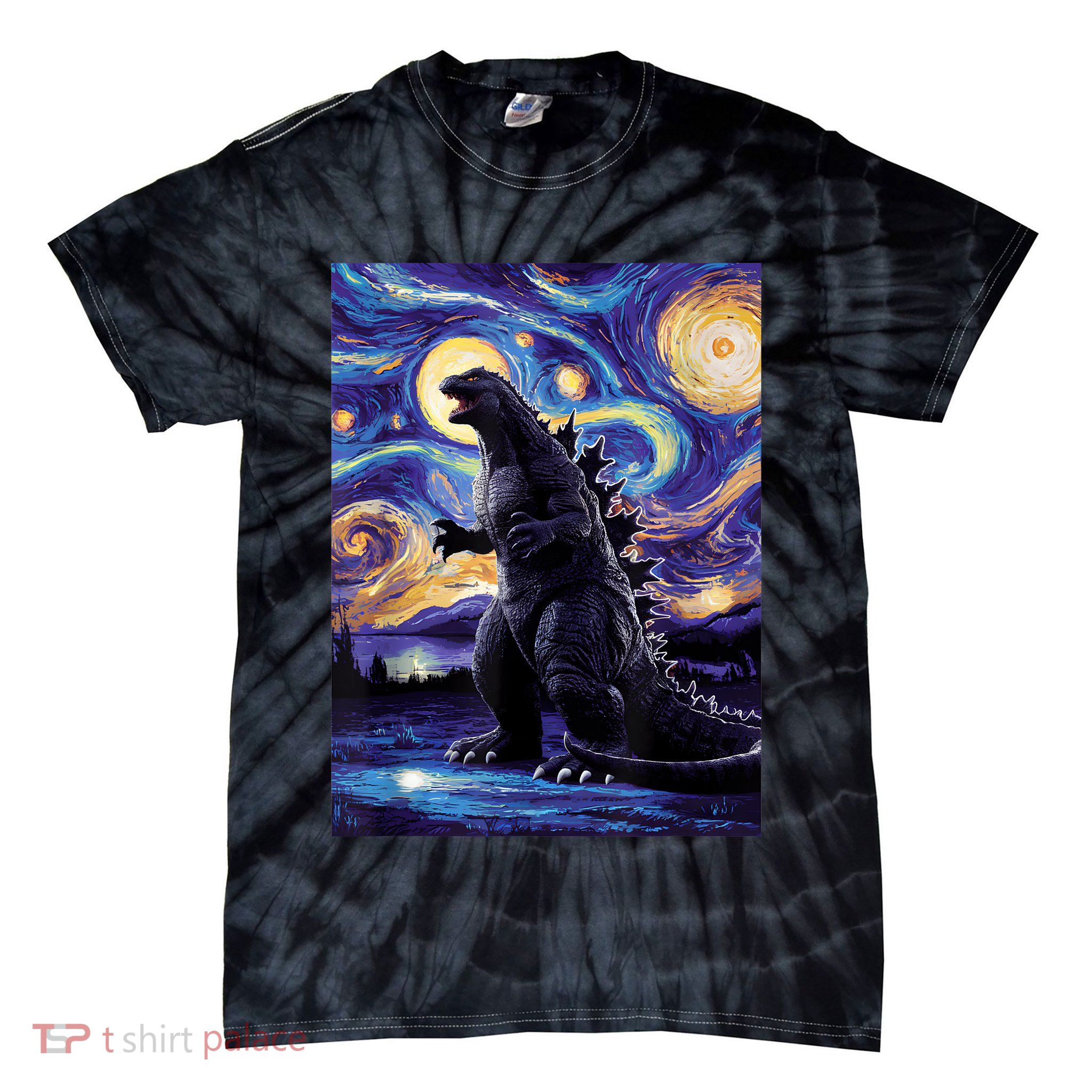 Retro Japanese Kaiju Monster Starry Night Parody Tie-Dye T-Shirt