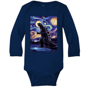 Retro Japanese Kaiju Monster Starry Night Parody Baby Long Sleeve Bodysuit