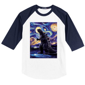 Retro Japanese Kaiju Monster Starry Night Parody Baseball Sleeve Shirt