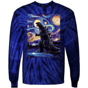 Retro Japanese Kaiju Monster Starry Night Parody Tie-Dye Long Sleeve Shirt