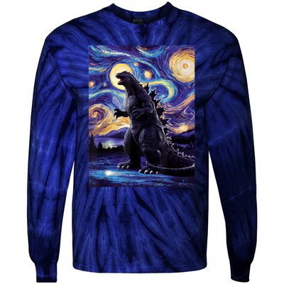 Retro Japanese Kaiju Monster Starry Night Parody Tie-Dye Long Sleeve Shirt