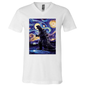 Retro Japanese Kaiju Monster Starry Night Parody V-Neck T-Shirt