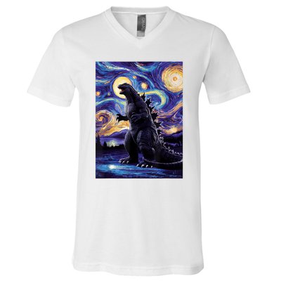 Retro Japanese Kaiju Monster Starry Night Parody V-Neck T-Shirt