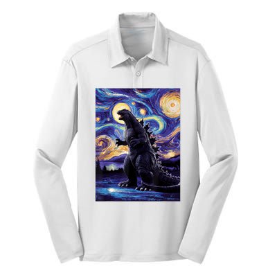 Retro Japanese Kaiju Monster Starry Night Parody Silk Touch Performance Long Sleeve Polo