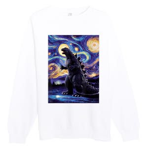 Retro Japanese Kaiju Monster Starry Night Parody Premium Crewneck Sweatshirt