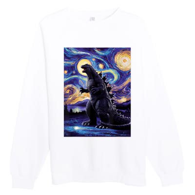 Retro Japanese Kaiju Monster Starry Night Parody Premium Crewneck Sweatshirt