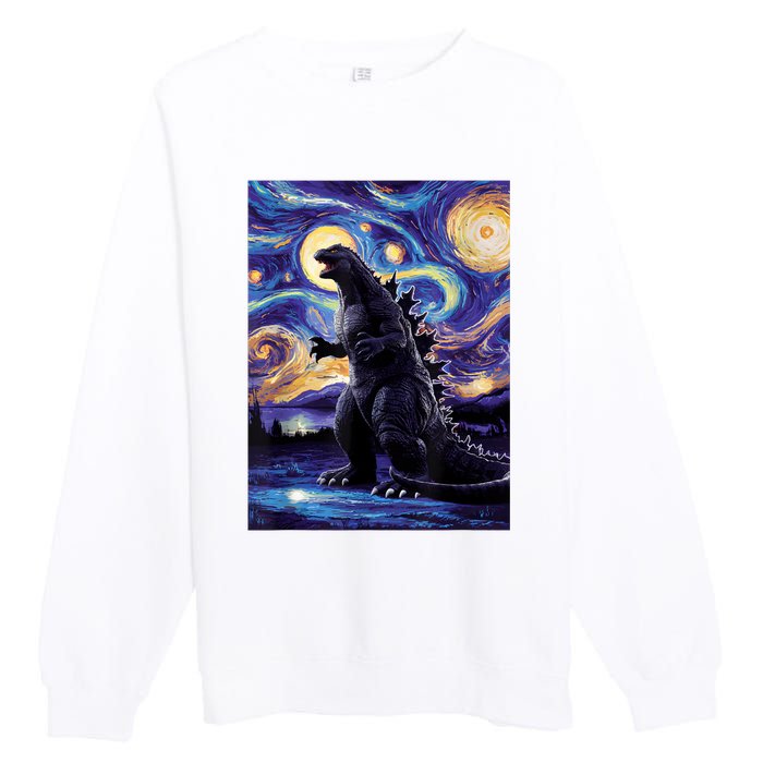 Retro Japanese Kaiju Monster Starry Night Parody Premium Crewneck Sweatshirt