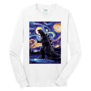 Retro Japanese Kaiju Monster Starry Night Parody Tall Long Sleeve T-Shirt